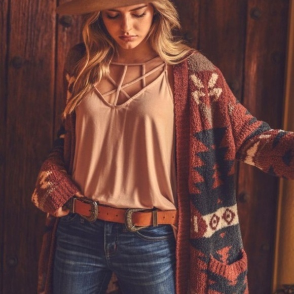 New Aztec Print Western Cowichan Cardigan Sweater - Picture 2 of 8